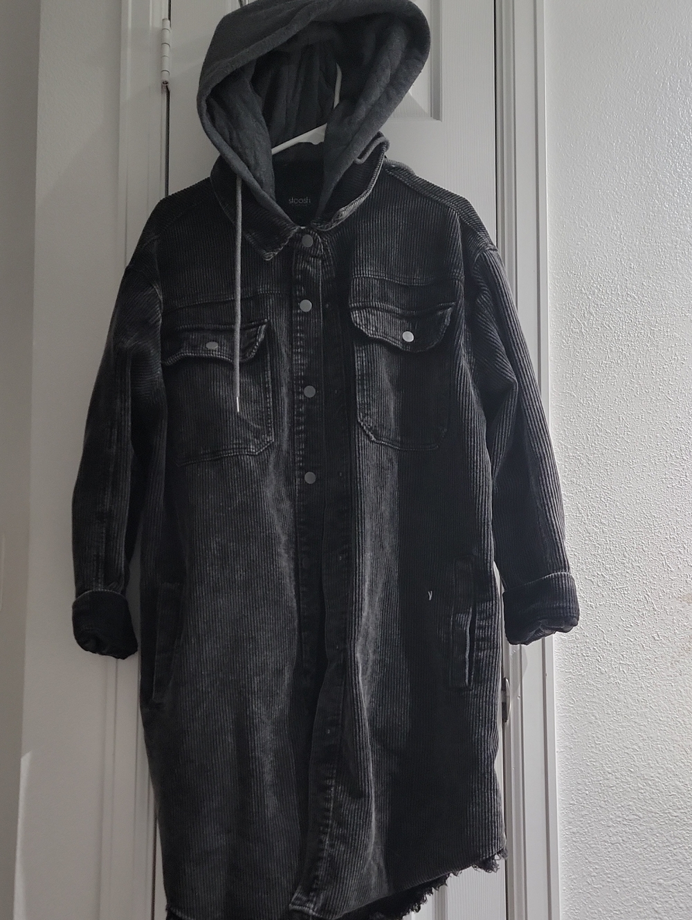 Stoosh Black Long Corduroy Hooded Shirt Jacket